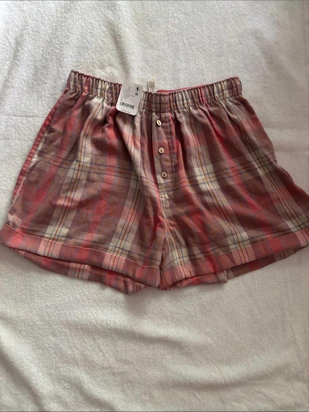 Free People Plaid Button-Front Lounge Shorts in Coral and Cream